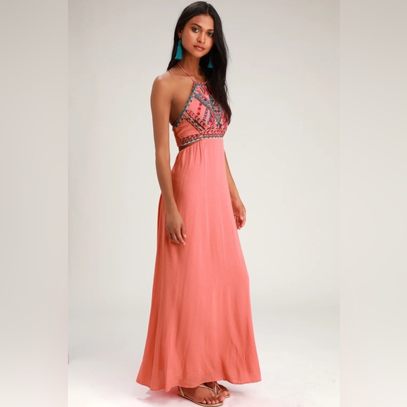 Little Beach Coral Pink Embroidered Maxi Dress - Picture 3 of 7